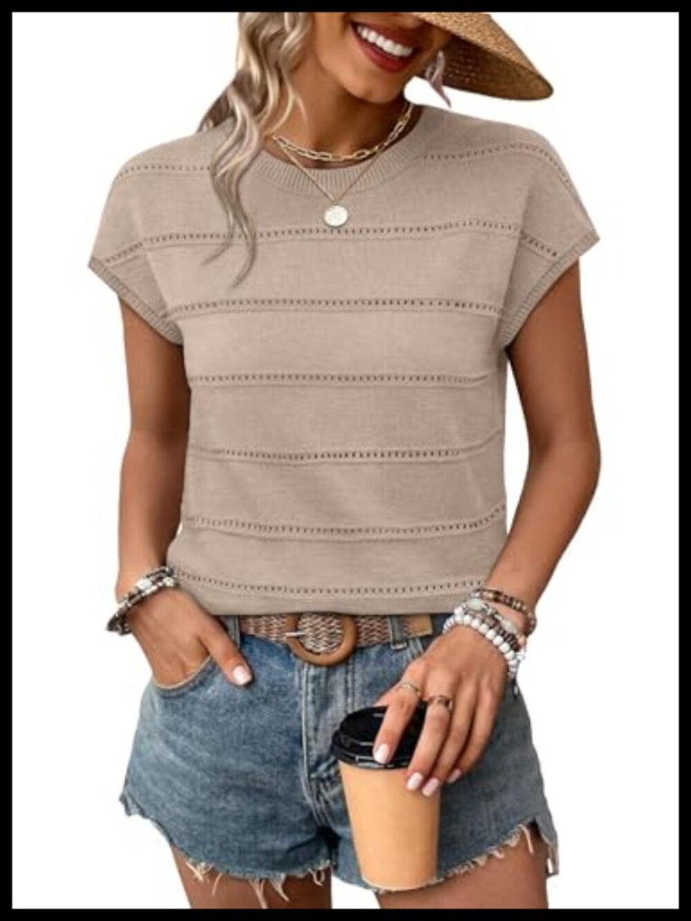 WIHOLL Womens Lightweight Knit Sweater Cap Sleeve Hollow Out Top